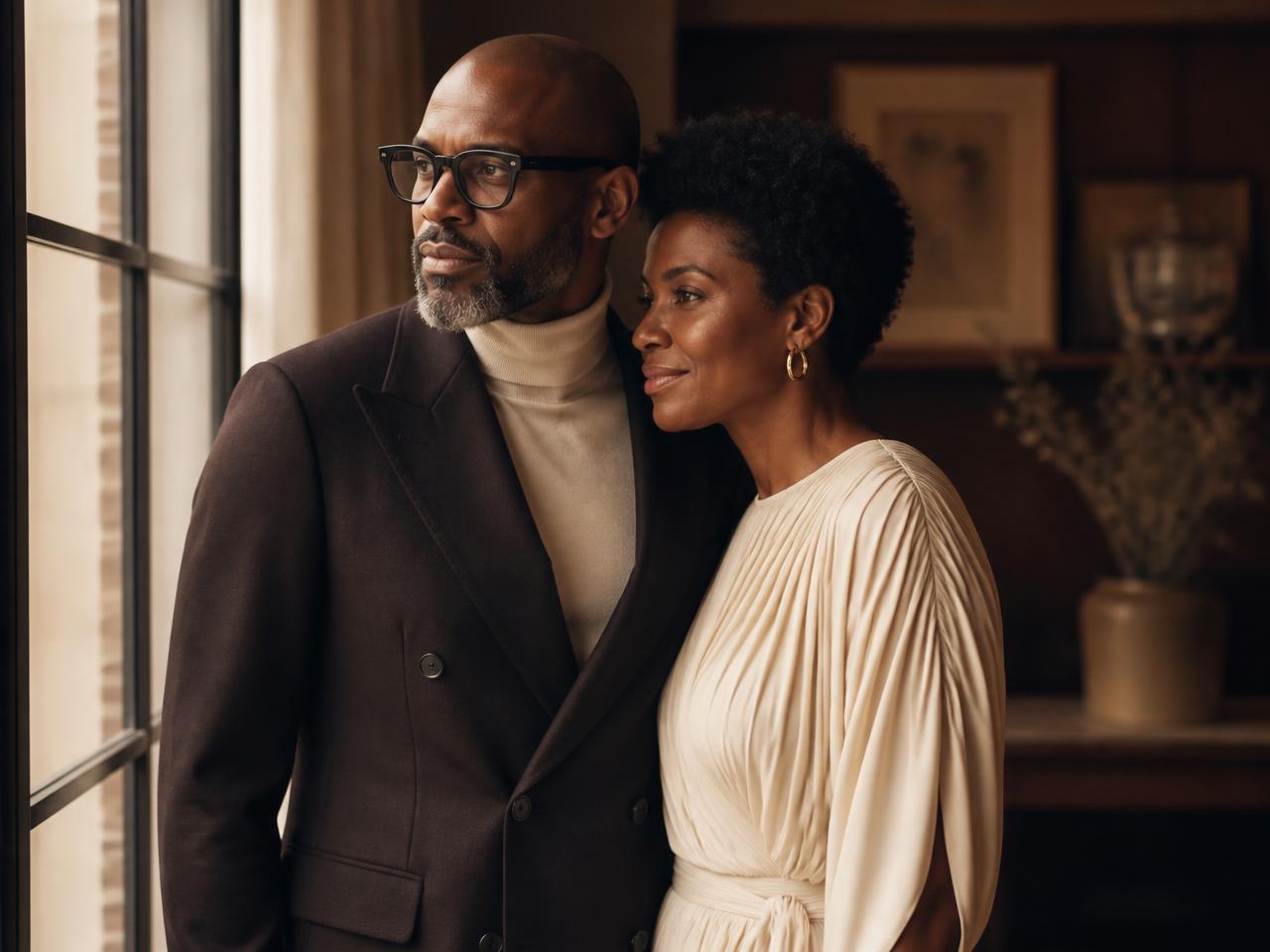 A couple standing together in soft golden light